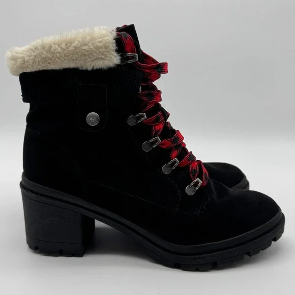 Jellypop Black Heeled Ankle Boots Red Plaid Laces Faux Fur Trim Lug Sole Size 9M - Picture 6 of 13